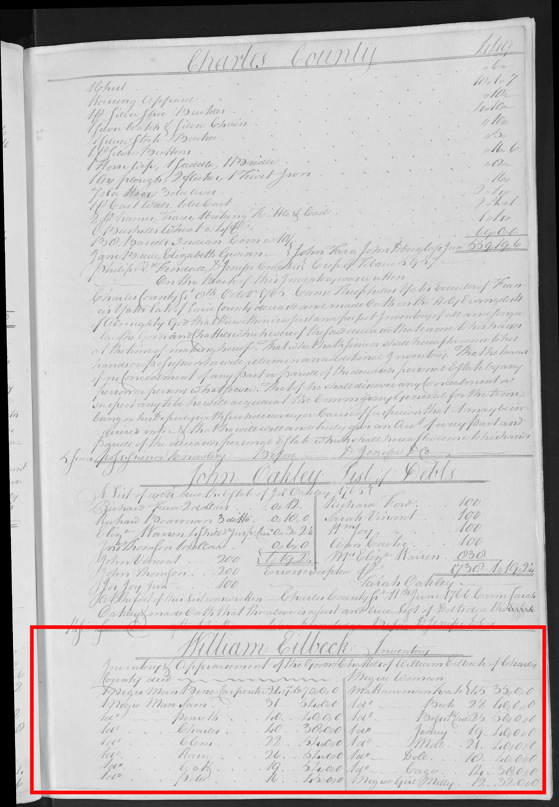 William Eilbeck Posthumous Inventory