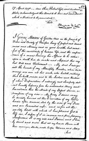 George Mason IV Will Handwritten