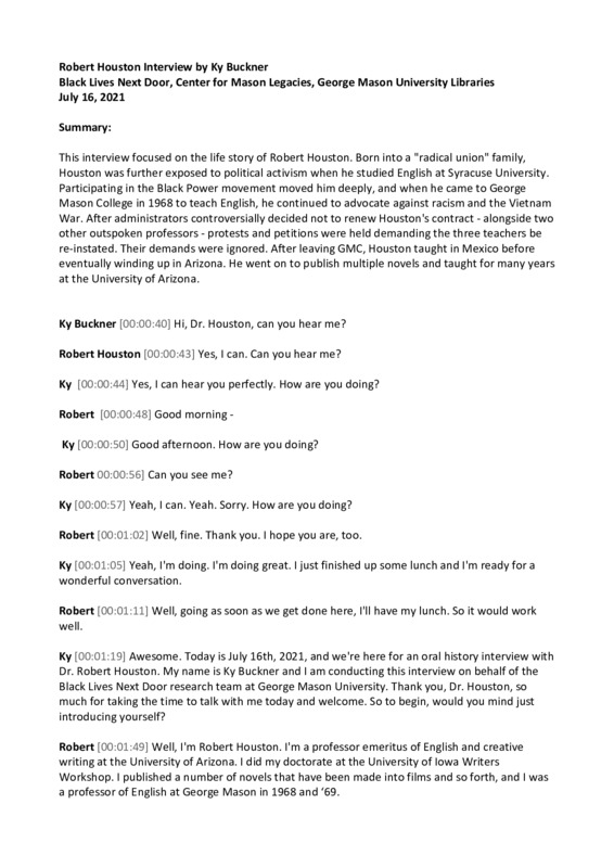 Sample document of the first page of an oral history transcript between Robert Houston and Ky Bucknell.