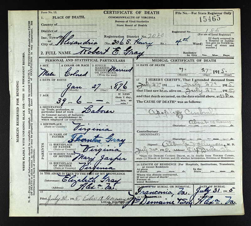 Robert Gray, Virginia Death Records, 1912-2014