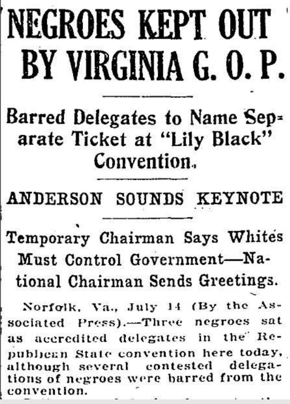 Excerpt from Washington Post, July 15, 1921 entitled "Negroes Kept Out By Virginia GOP".