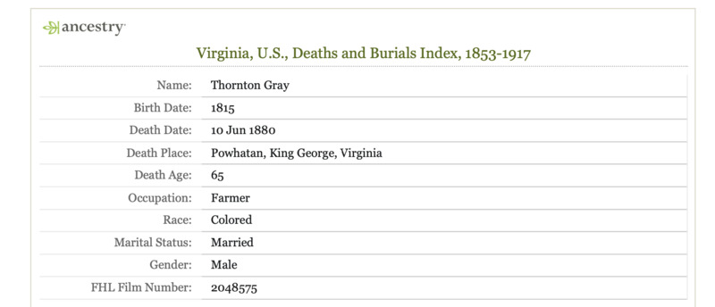 Thornton Gray, Virginia Deaths and Burials Index, 1853-1917