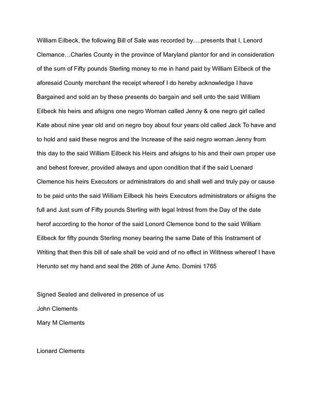 Bill of Sale Eilbeck Clement 1765 Transcript