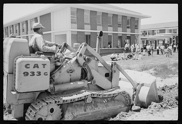 View of bulldozer in front of a George Mason University building circa 1967.