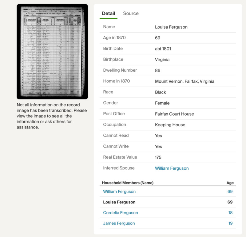 Louisa Ferguson 1870 Census Information