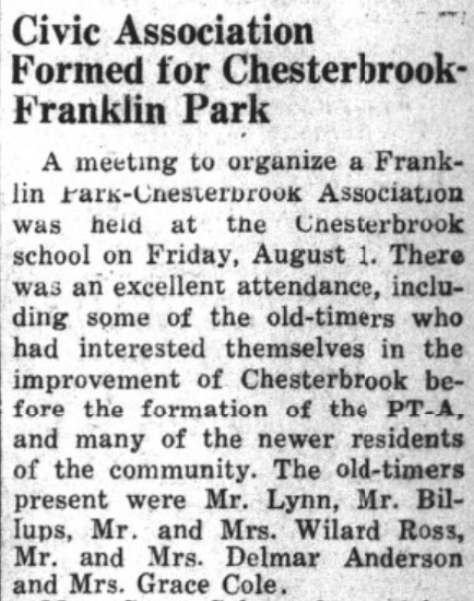 Excerpt form the Providence Journal entitled "Civic Association Formed for Chesterbrook-Franklin Park" 1947.