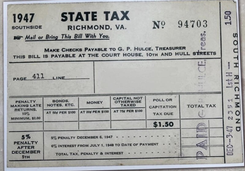 A Virginia Poll Tax Receipt circa 1947.