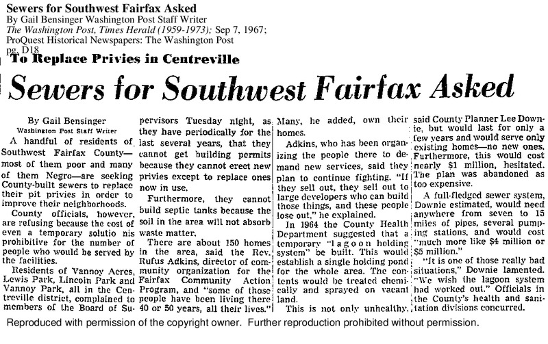 To Replace Pit Privies in Centerville: Sewers for SW Fairfax Asked