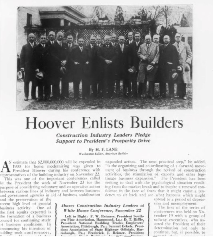 Excerpt of an article entitled "Hoover Enlists Builders" with image of men posing for picture.