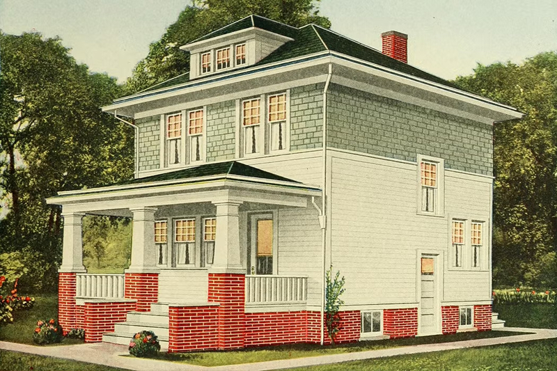 Illustration of an exterior of a single family home, circa 1920.