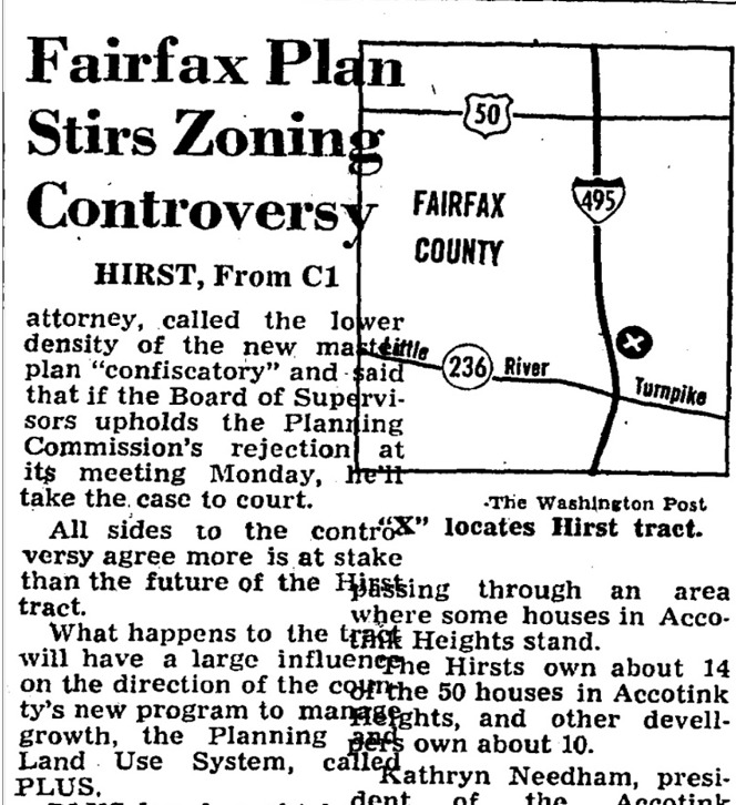 Excerpt from the Washington Post entitled "Fairfax Plan Stirs Zoning Controversy" 1975.