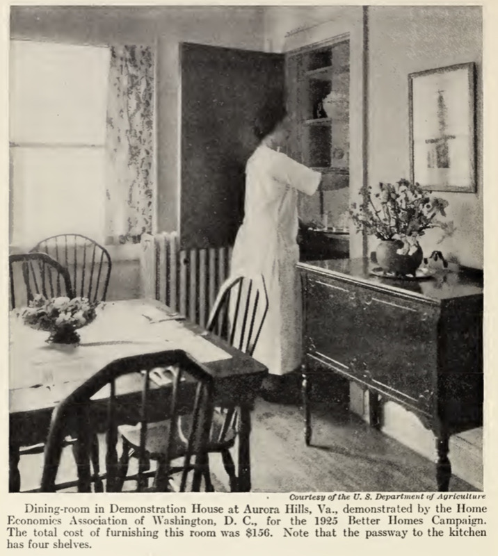 Illustration from a Better Homes in America Guidebook of a woman doing work in a closet in a dining room.