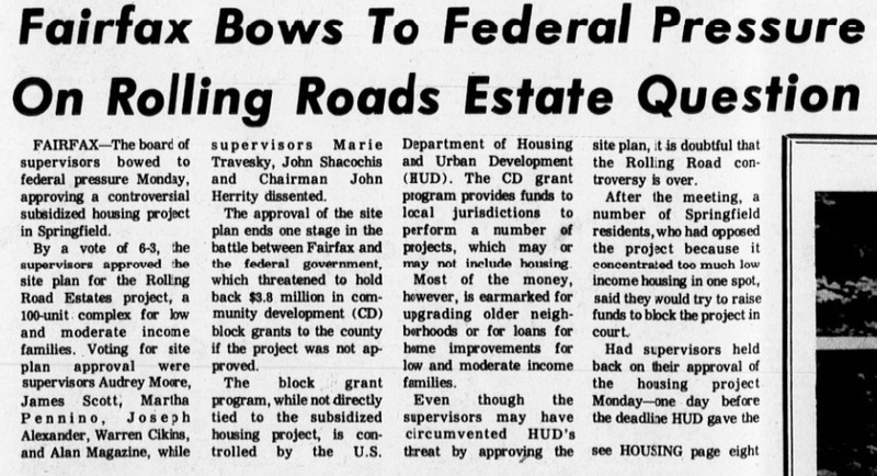 Excerpt from the Northern Virginia Sun entitled "Fairfax Bows to Federal Pressure on Rolling Roads Estate Question, 1978."
