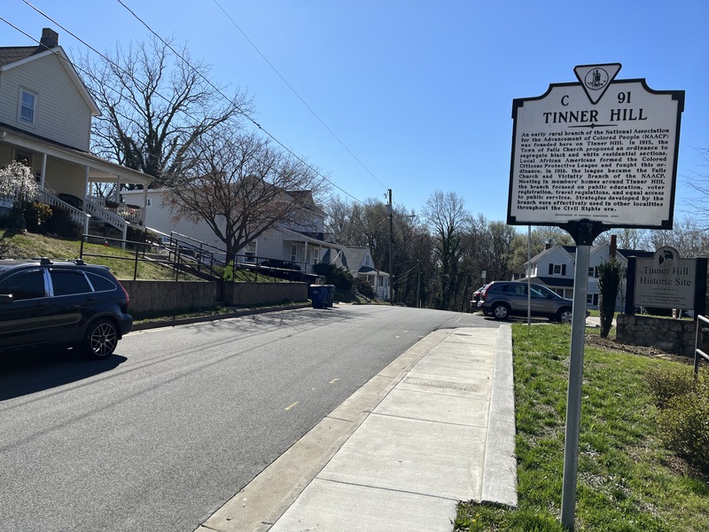 Picture of Tinner Hill Historic Plaque and Tinner Hill in background
