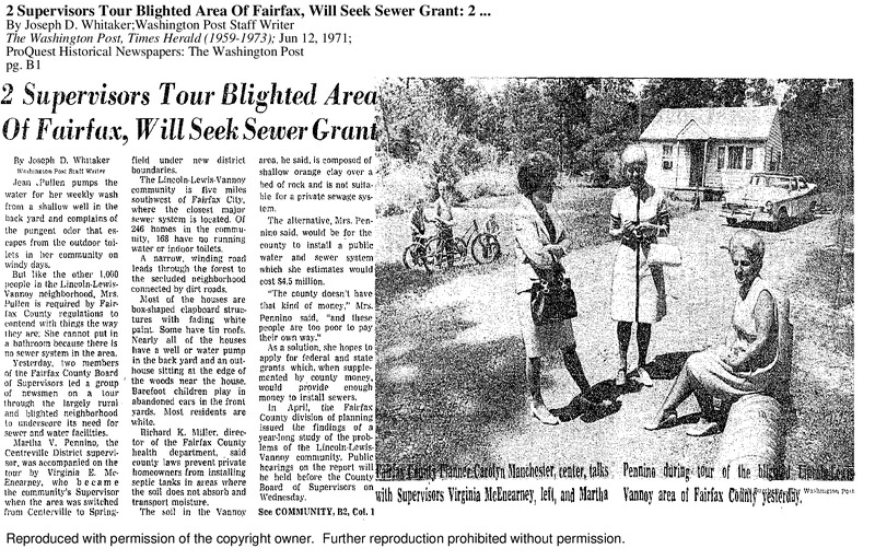 1972 WaPo Article "2 Supervisors Tour Blighted Area of Fairfax, Will Seek Sewer Grant
