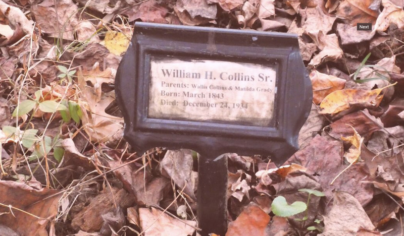 Picture of a grave marker with text "William H. Collins, Sr.", on ground with leaves.