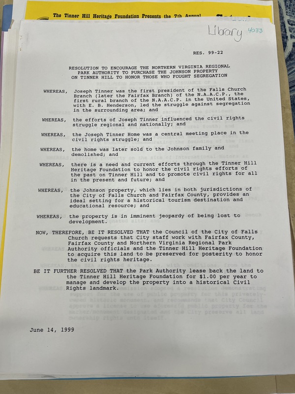 Resolution to Encourage the Northern Virginia Regional Park Authority to Purchase the Johnson Property on Tinner Hill to Honor Those Who Fought Segregation, Pub. L. No. Res. 99-22 (1999).
