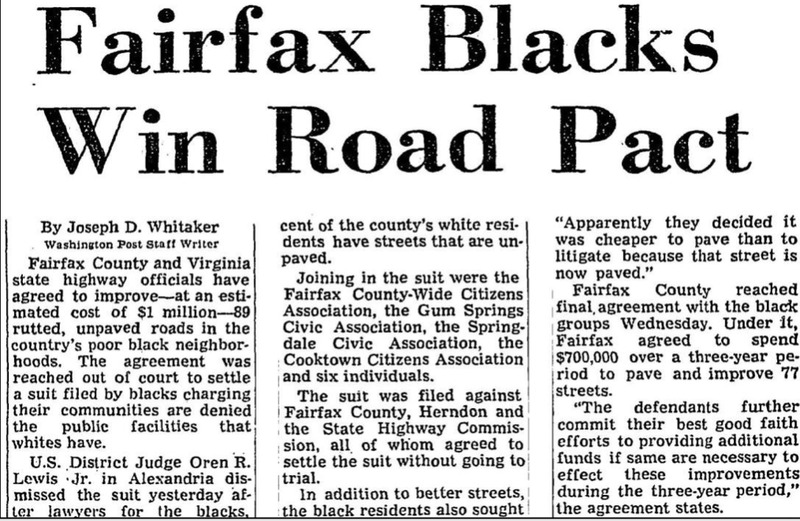 Excerpt from the Washington Post entitled "Fairfax Blacks Win Road Pact", 1972.