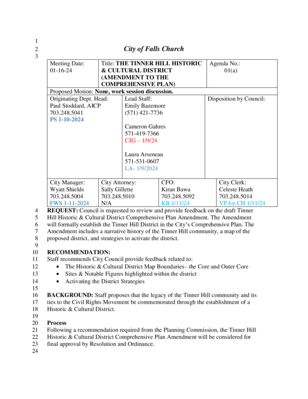 THE TINNER HILL HISTORIC & CULTURAL DISTRICT (AMENDMENT TO THE COMPREHENSIVE PLAN)