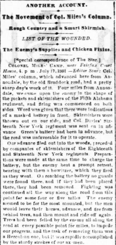 Evening Star Account of Skirmish (1861)