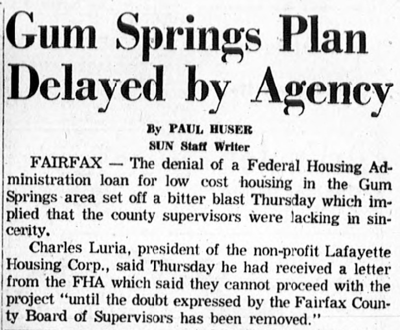 Excerpt from the Northern Virginia Sun entitled "Gum Springs Plan Delayed by Agency, 1966."