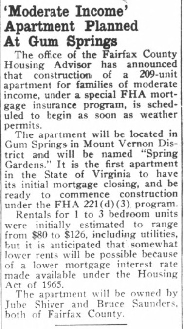 Excerpt from the McLean Providence Journal on the topic of 'Moderate Income' Apartment Planned at Gum Springs in 1966.
