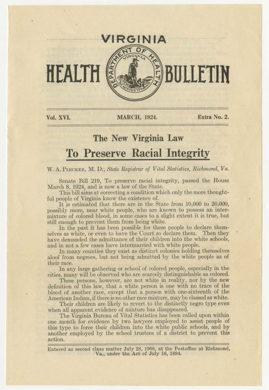 Excerpts of the Virginia Health Bulletin: The New Virginia Law To Preserve Racial Integrity, March 1924.