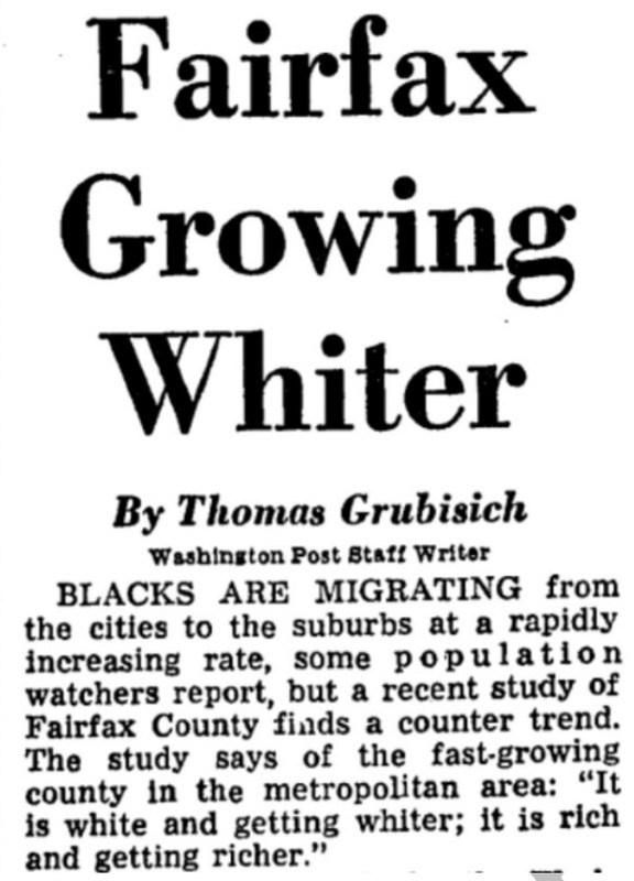 Excerpt from the Washington Post with headline "Fairfax Growing White", October 1970.