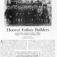 Excerpt of an article entitled "Hoover Enlists Builders" with image of men posing for picture.