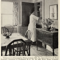 Illustration from a Better Homes in America Guidebook of a woman doing work in a closet in a dining room.