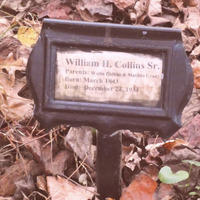 Picture of a grave marker with text "William H. Collins, Sr.", on ground with leaves.
