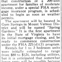 Excerpt from the McLean Providence Journal on the topic of 'Moderate Income' Apartment Planned at Gum Springs in 1966.